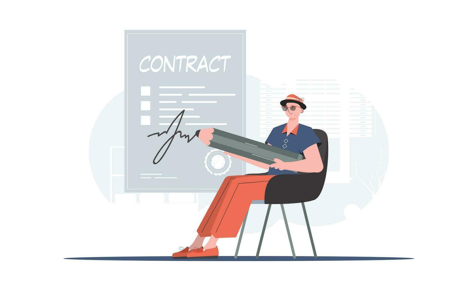 een Mens zit in een stoel naar zetten zijn handtekening Aan een document van medewerking. vennootschap. element voor presentatie. vector