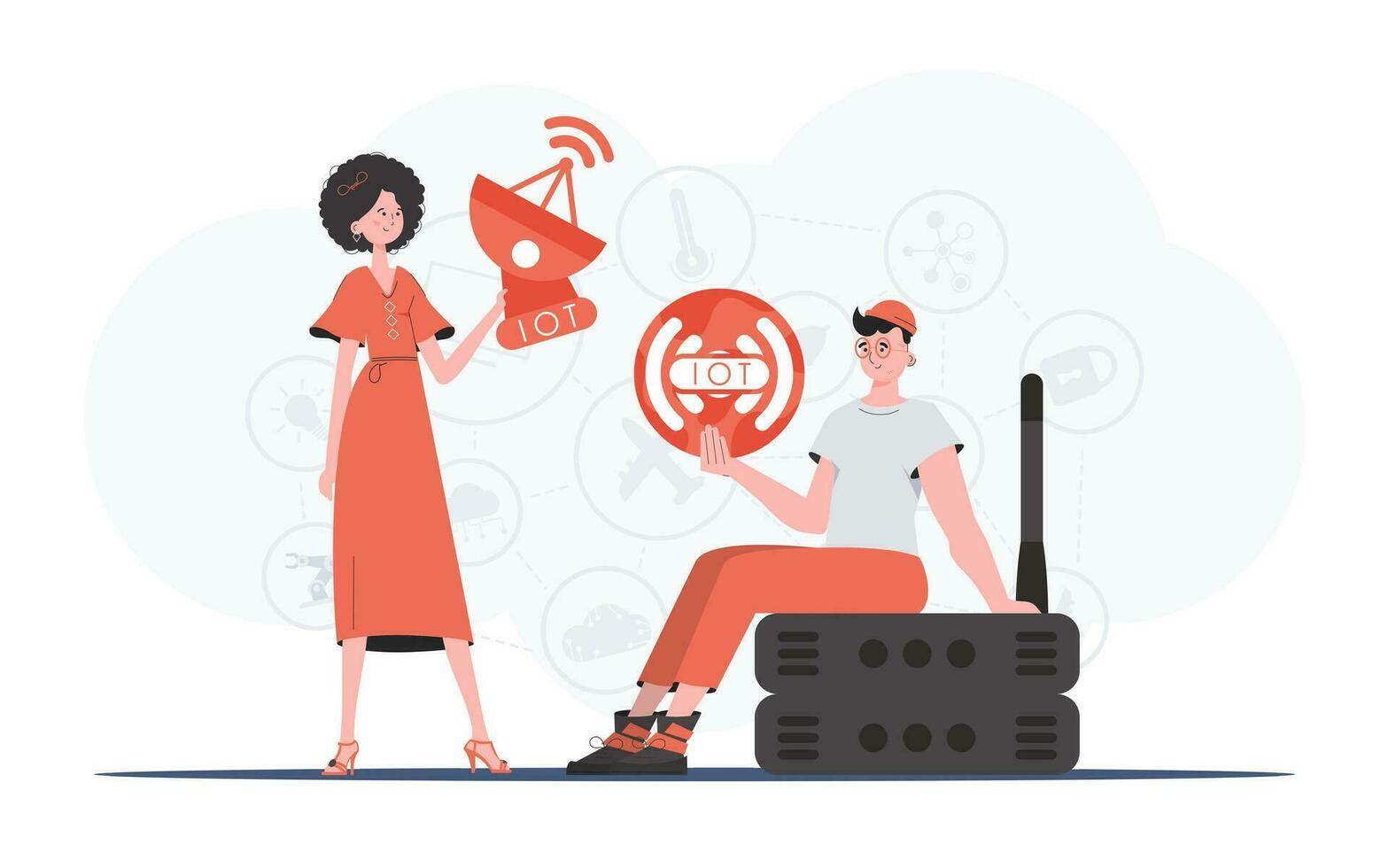 internet van dingen en automatisering concept. een Mens en een vrouw zijn een team in de veld- van de internet van dingen. mooi zo voor presentaties en websites. vector illustratie.