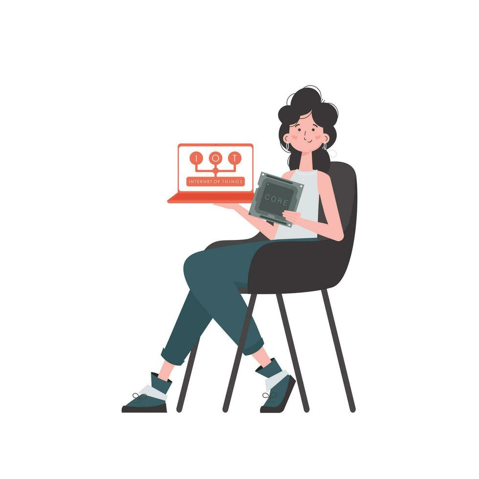 een vrouw houdt een laptop en een bewerker spaander in haar handen. iot concept. geïsoleerd. vector illustratie in modieus vlak stijl.
