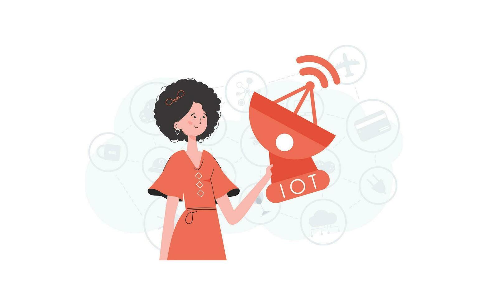 een vrouw houdt een satelliet schotel in haar handen. internet van dingen concept. mooi zo voor presentaties, websites en typografie. vector illustratie in modieus vlak stijl.