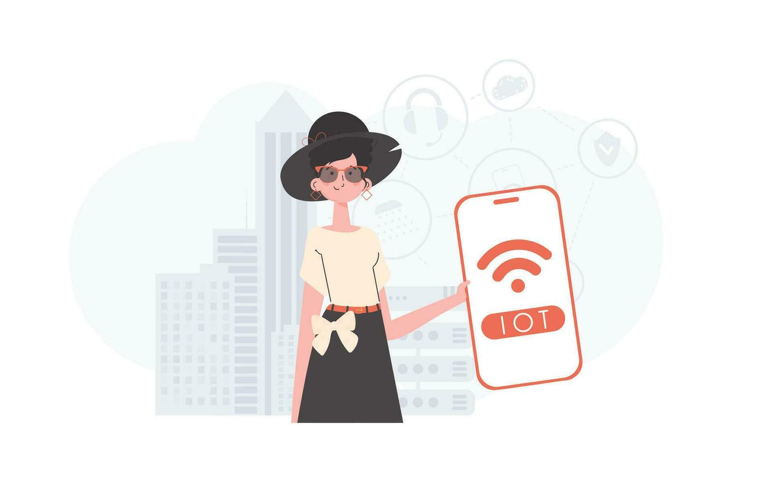 internet van dingen en automatisering concept. een vrouw houdt een telefoon met de iot logo in haar handen. modieus vlak stijl. vector illustratie.