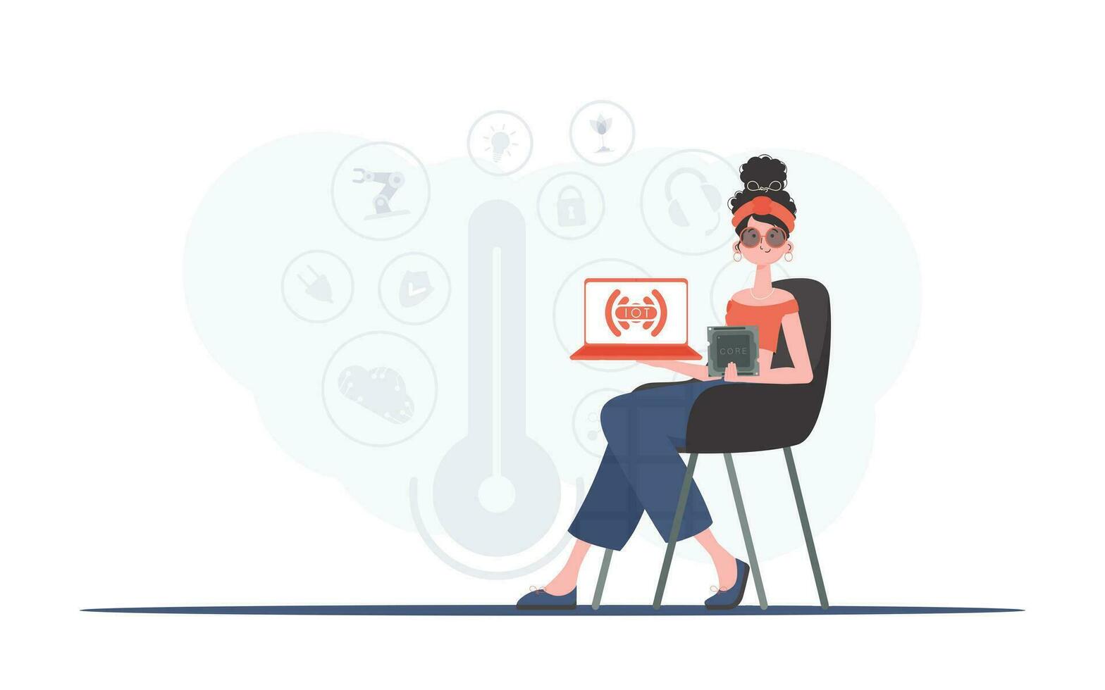 een vrouw houdt een laptop en een bewerker spaander in haar handen. iot concept. modieus vlak stijl. vector illustratie.