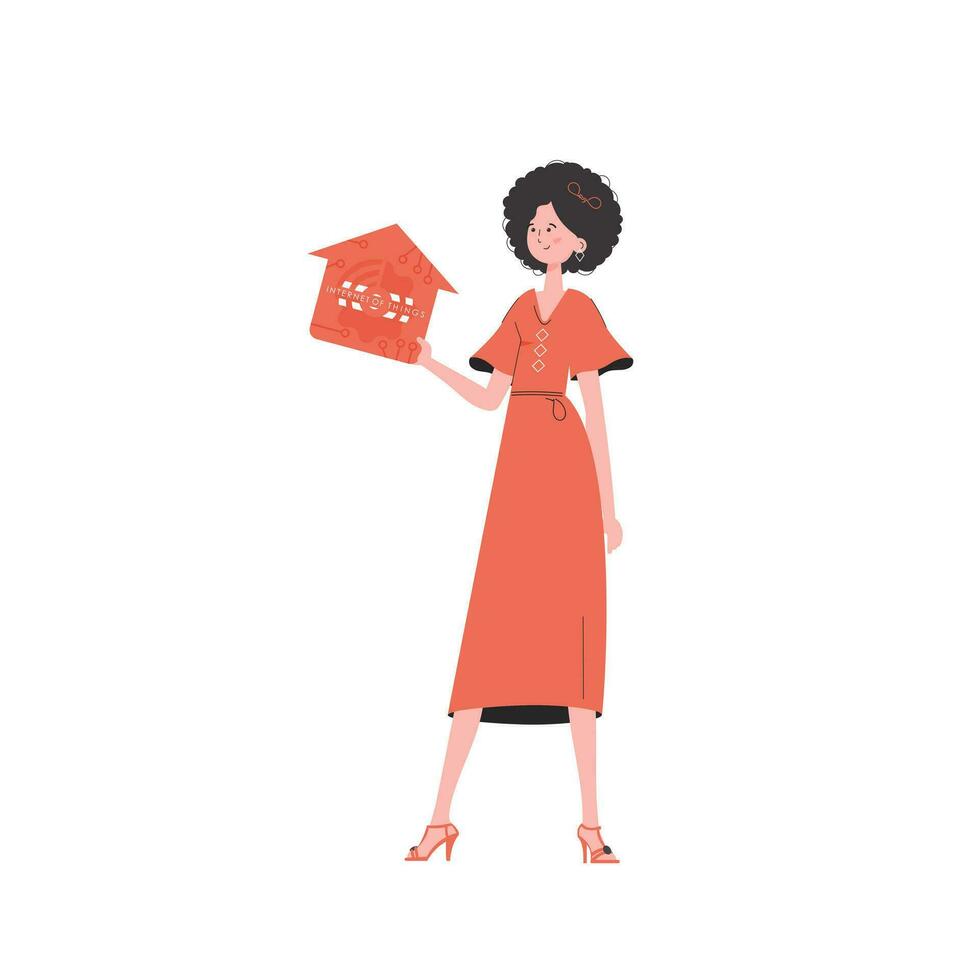 de vrouw is afgebeeld in vol groei, Holding een icoon van een huis in haar handen. internet van dingen concept. vector illustratie in modieus vlak stijl.