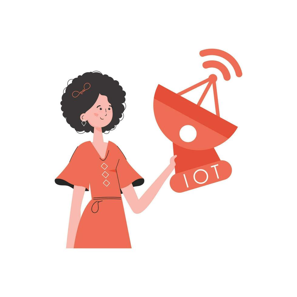 iot concept. een vrouw houdt een satelliet schotel in haar handen. geïsoleerd Aan wit achtergrond. vector illustratie in vlak stijl.