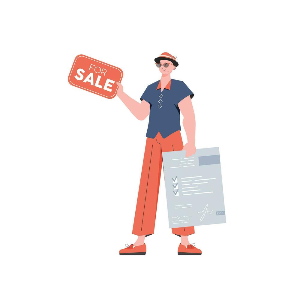 een Mens met een document en een tablet in zijn handen voor uitverkoop. verkoop een huis of echt landgoed. geïsoleerd. vector illustratie.