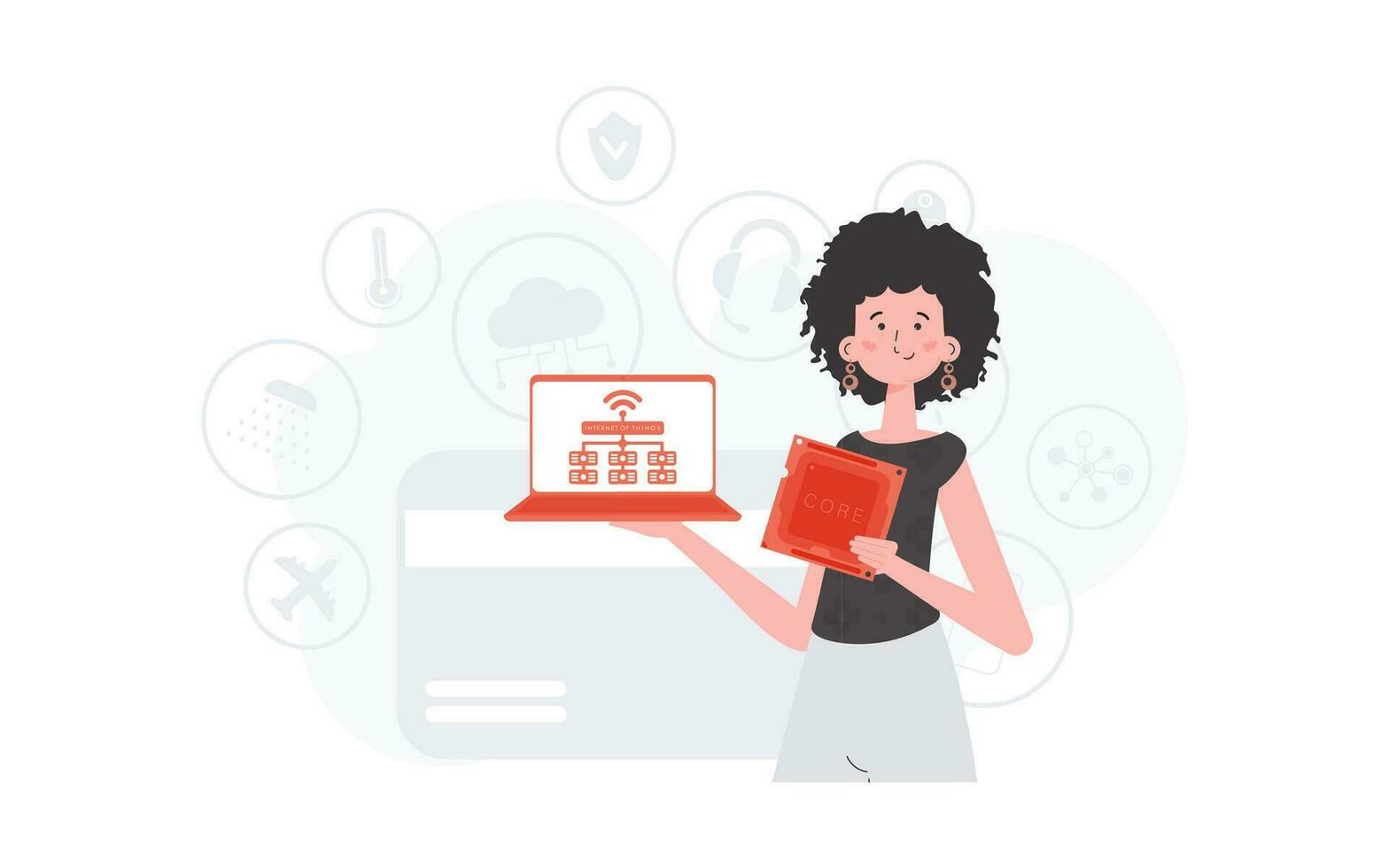 de meisje is Holding een laptop en een bewerker spaander in haar handen. internet van dingen concept. vector illustratie in modieus vlak stijl.