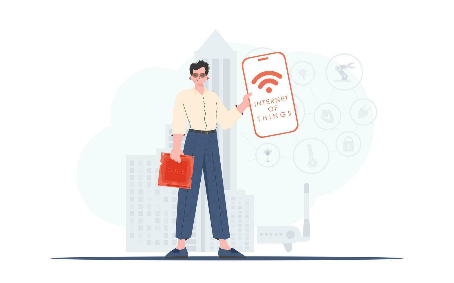 iot concept. de vent is Holding een telefoon met de iot logo in zijn handen. vector. vector