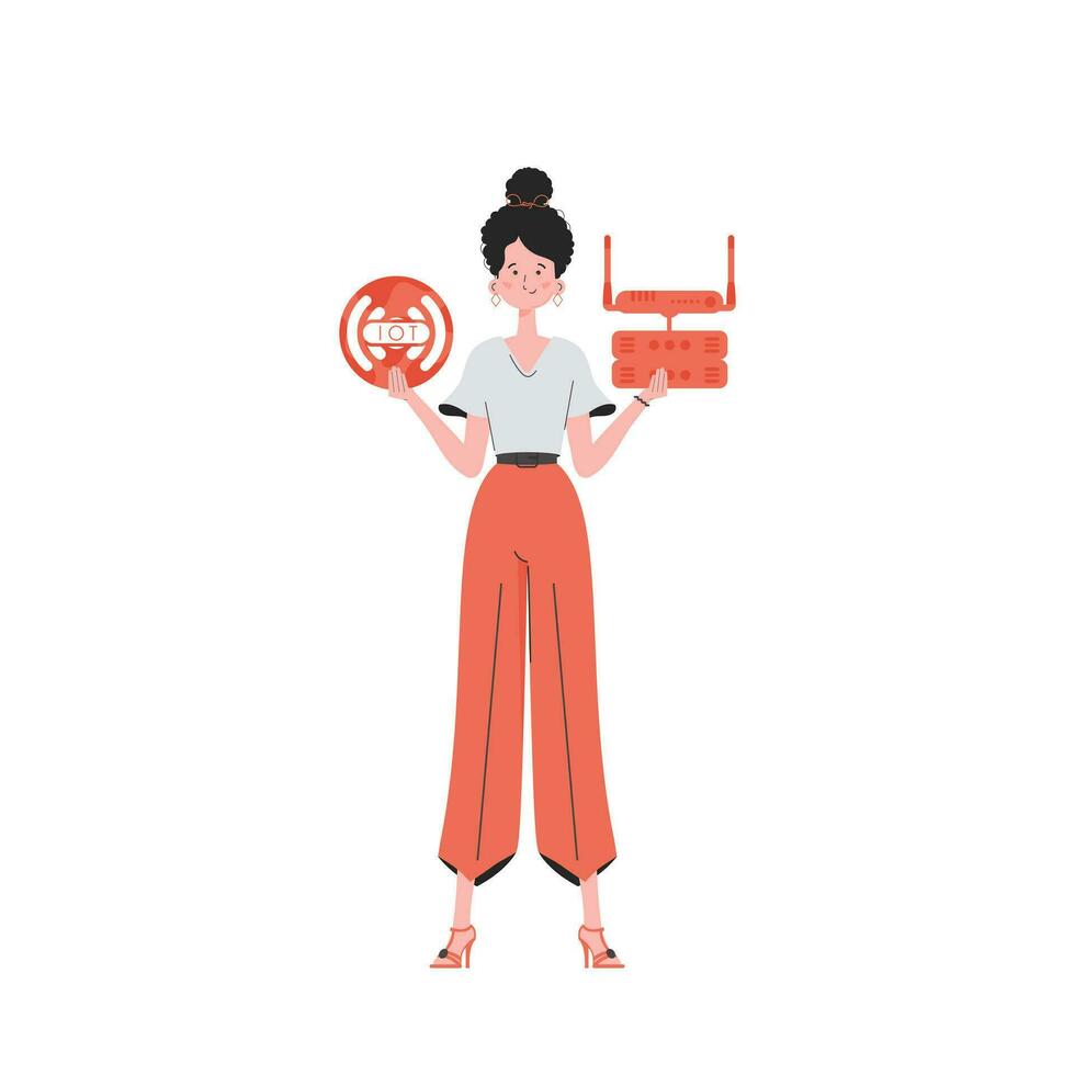 een vrouw houdt de internet van dingen logo in haar handen. router en server. iot en automatisering concept. geïsoleerd. vector illustratie in modieus vlak stijl.