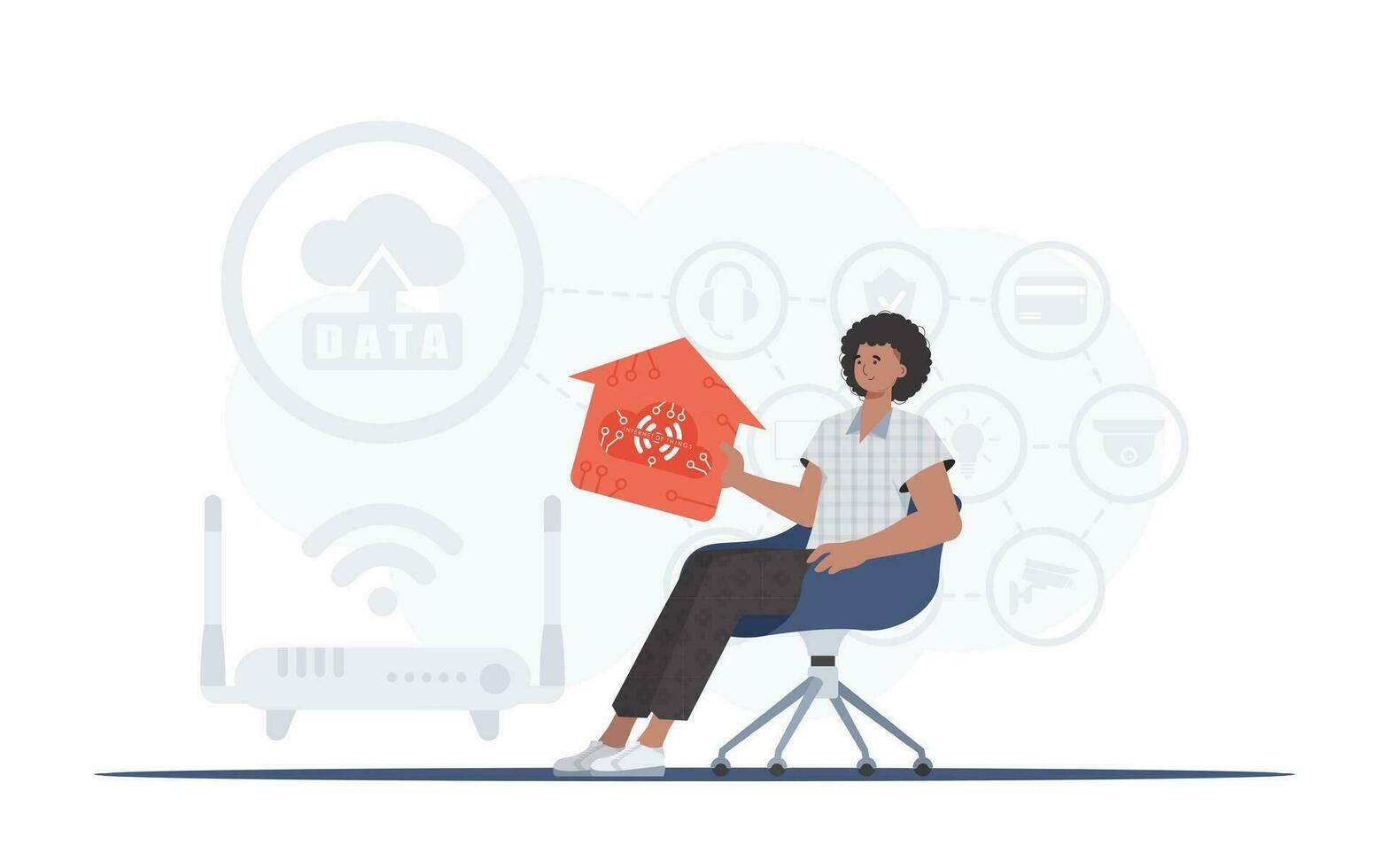 iot concept. een Mens zit in een fauteuil en houdt een huis icoon in zijn handen. mooi zo voor presentaties. vector illustratie in modieus vlak stijl.