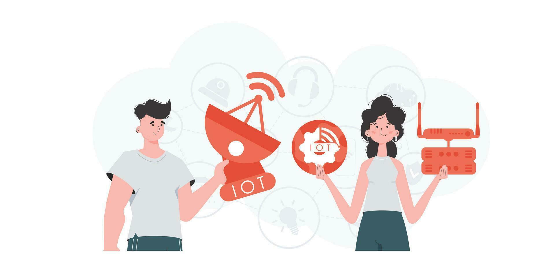 iot en automatisering concept. een Mens en een vrouw zijn een team in de veld- van de internet van dingen. mooi zo voor presentaties en websites. vector illustratie in modieus vlak stijl.