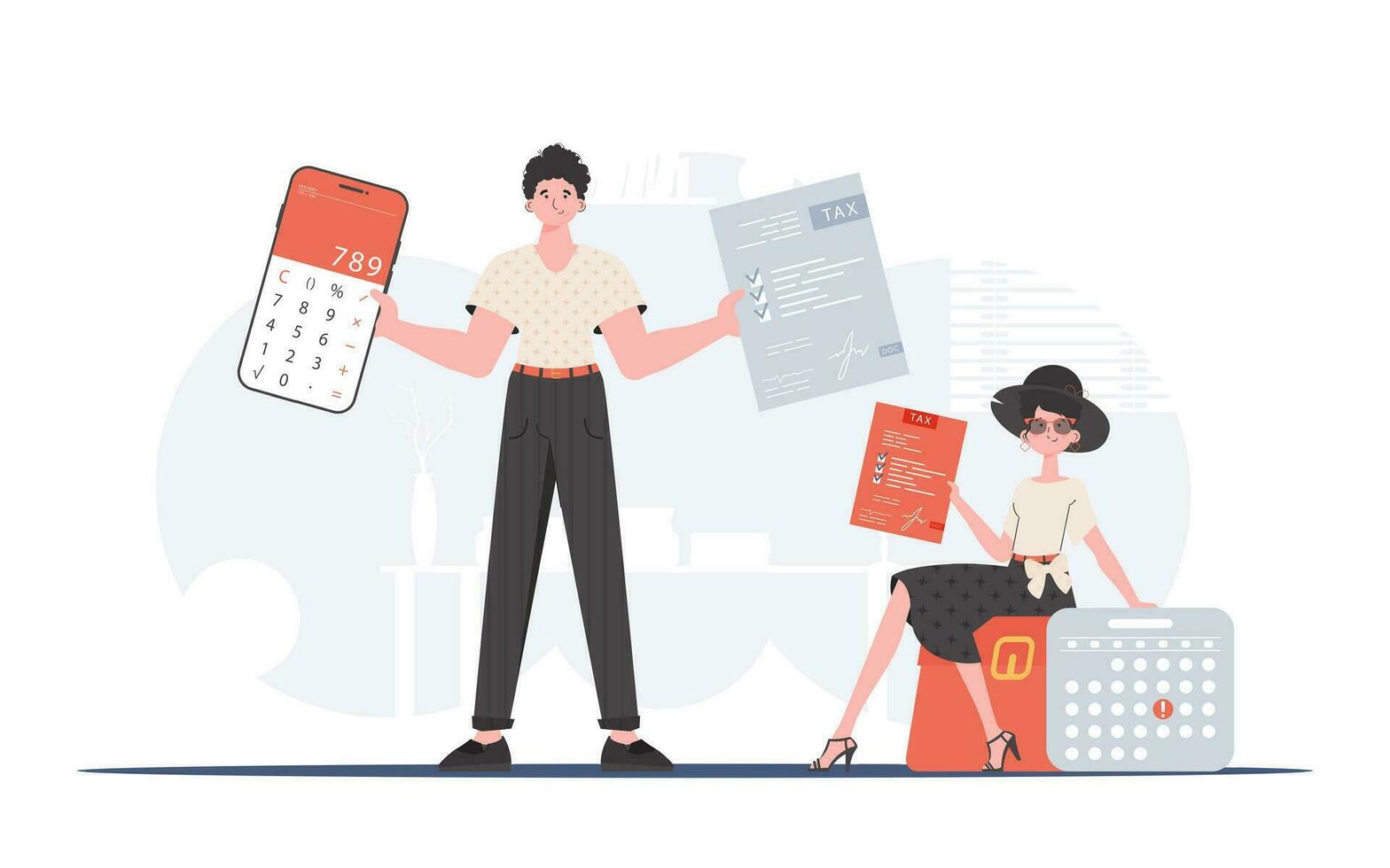 een Mens en een vrouw zijn Holding een rekenmachine in hun handen. belastingen. element voor presentaties. vector