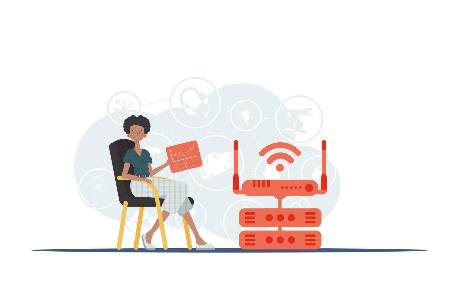 internet van dingen en automatisering concept. een vrouw zit in een stoel en houdt een paneel met analysatoren en indicatoren in haar handen. mooi zo voor websites en presentaties. vector illustratie in vlak stijl.
