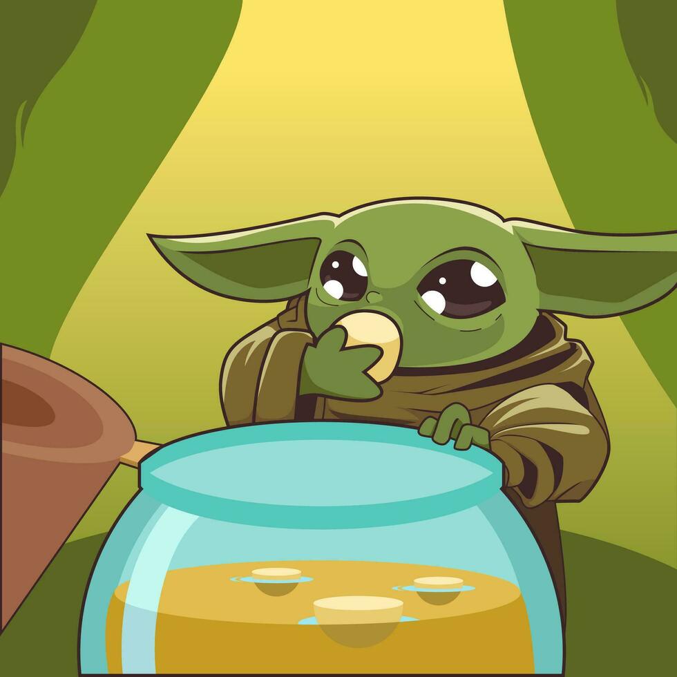 baby yoda eten illustratie vector