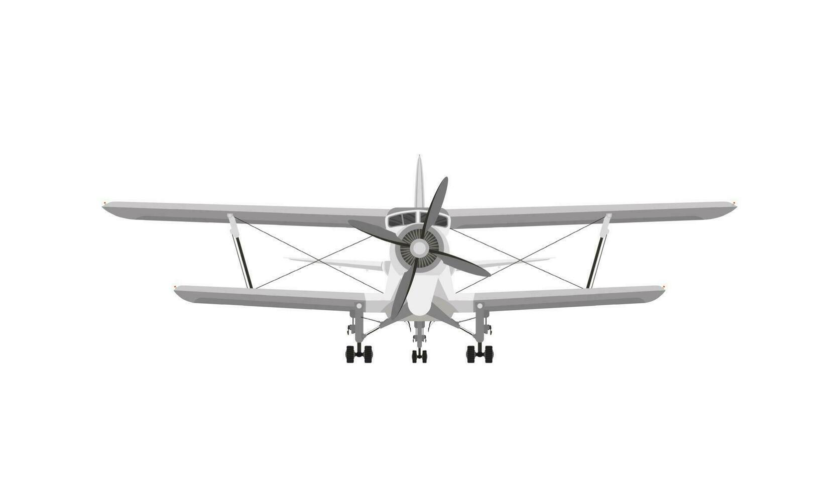 voorkant visie van wit vliegtuig tweedekker met zuiger motor en propeller. geïsoleerd Aan een wit achtergrond vector