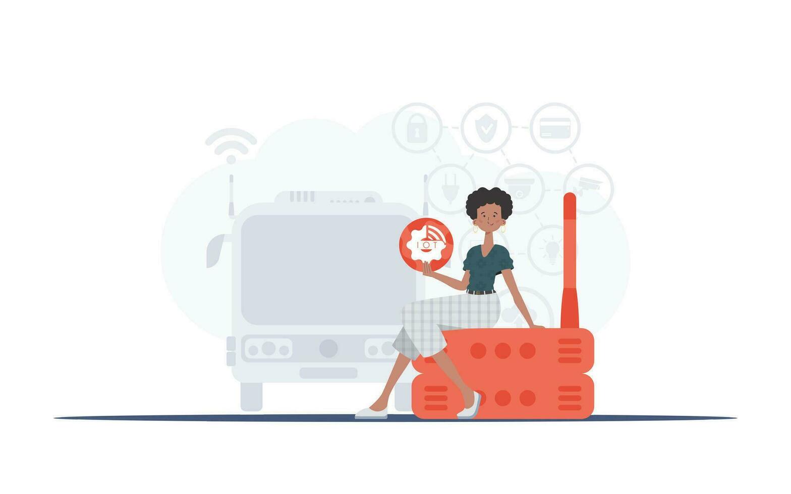 internet van dingen concept. een vrouw is Holding een internet ding icoon in haar handen. router en server. mooi zo voor presentaties en websites. vector illustratie in vlak stijl.