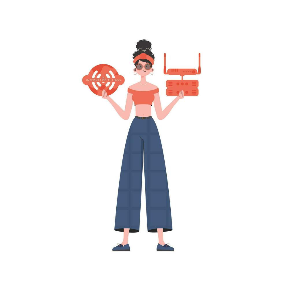 een vrouw is Holding een internet ding icoon in haar handen. router en server. iot concept. geïsoleerd. vector illustratie in modieus vlak stijl.