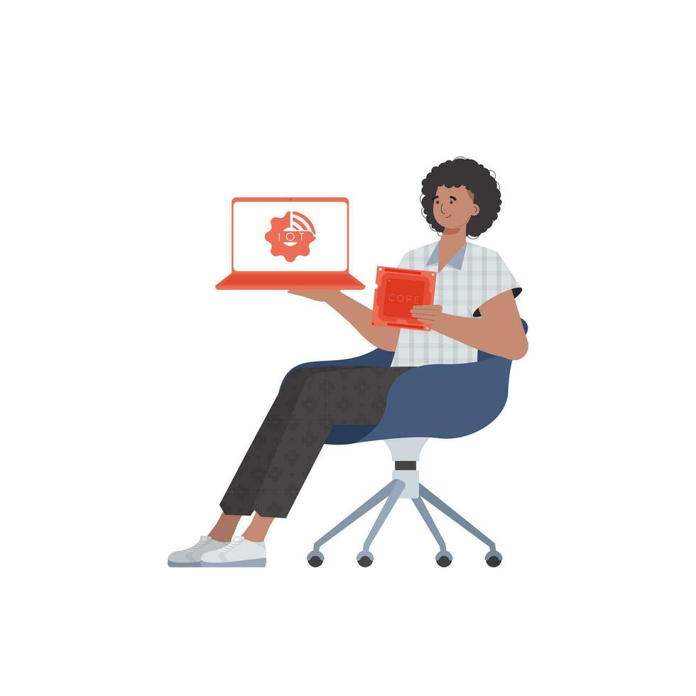 een Mens houdt een laptop en een bewerker spaander in zijn handen. internet van dingen en automatisering concept. geïsoleerd. vector illustratie in modieus vlak stijl.