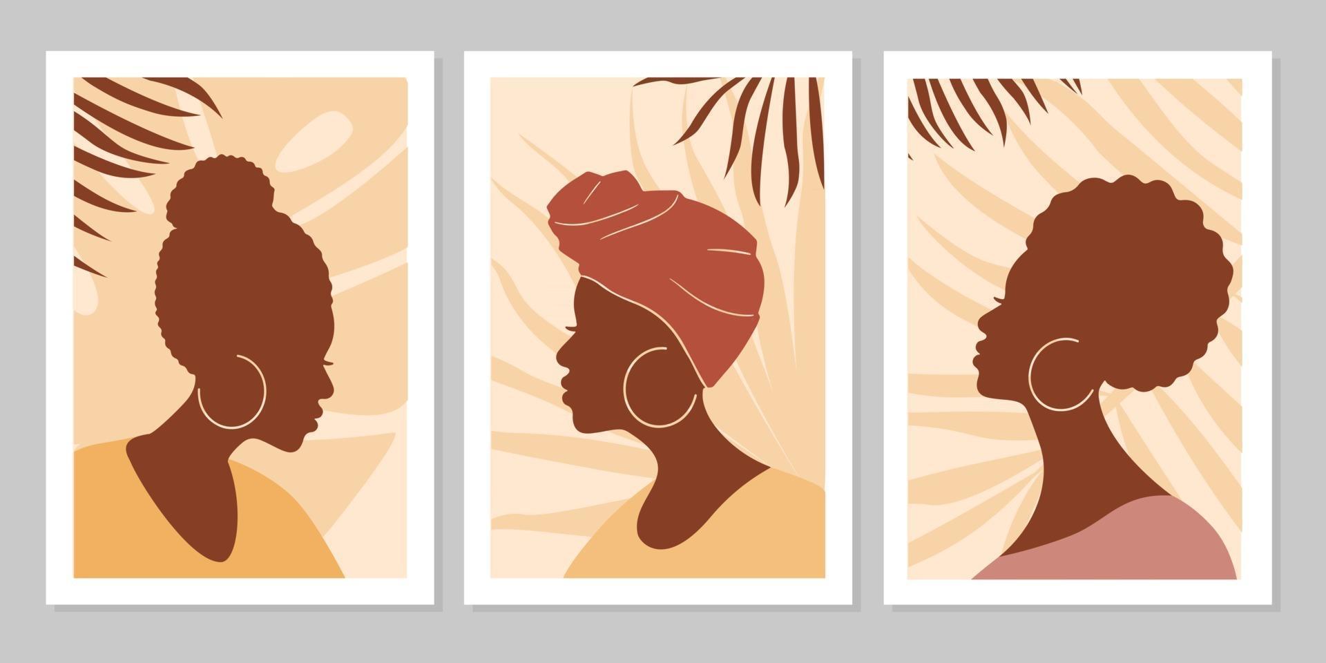 set van abstracte vrouwen portretten met bladeren. abstract vrouwelijk silhouet in minimalistische boho-stijl. platte vectorillustratie. ontwerp voor sociale media, kaart, print, achtergrond vector