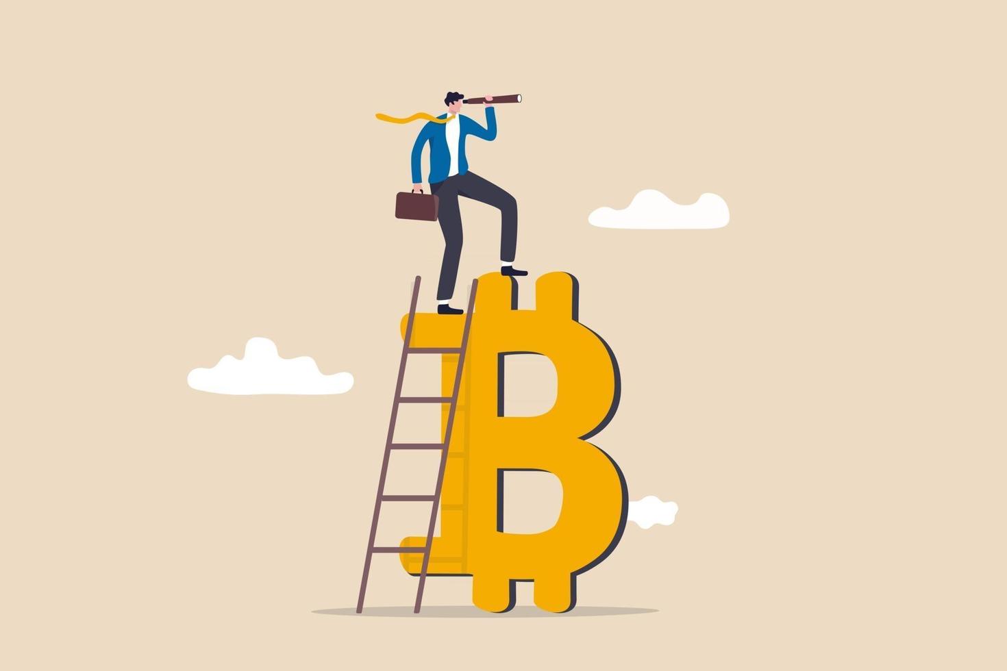 toekomst van bitcoin en cryptocurrency investeringsmogelijkheid of alternatief financieel activaconcept zakenmaninvesteerder klim de ladder op bovenop bitcoin met behulp van een spyglass-telescoop om kansen te zien vector