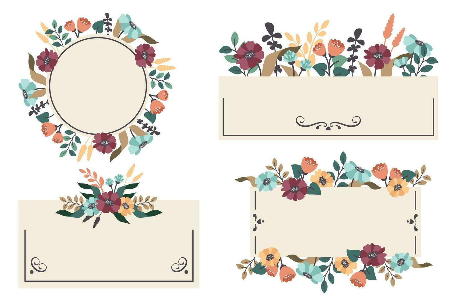 reeks van bloemen wijnoogst kozijnen. hand- trek Sjablonen van kader grens met herfst bloemen, bloeiend wilde bloemen lauwerkrans. vector vlak illustratie voor uitnodiging, aankondigingen, kaarten, reclame, uitverkoop