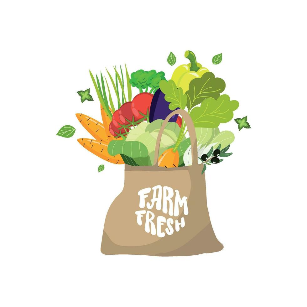 producten in eco canvas zak hand- getrokken illustratie. boeren markt voedsel in draagtas. vers fruit, groenten kopen. hand- tekening uitdrukking - boerderij vers vector