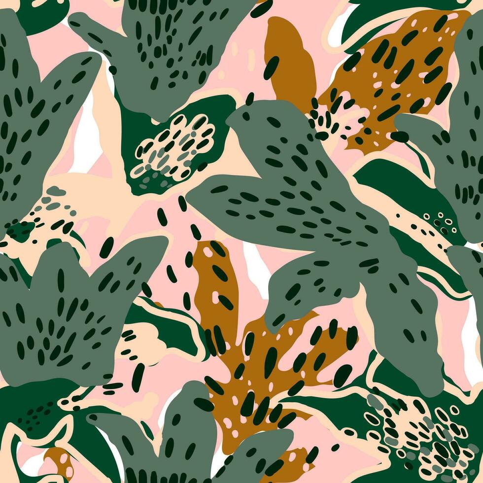 hedendaags collage tropisch bladeren en bloemen naadloos patroon. creatief kattebelletje grappig hipster element behang. abstract tekening vorm achtergrond. vector