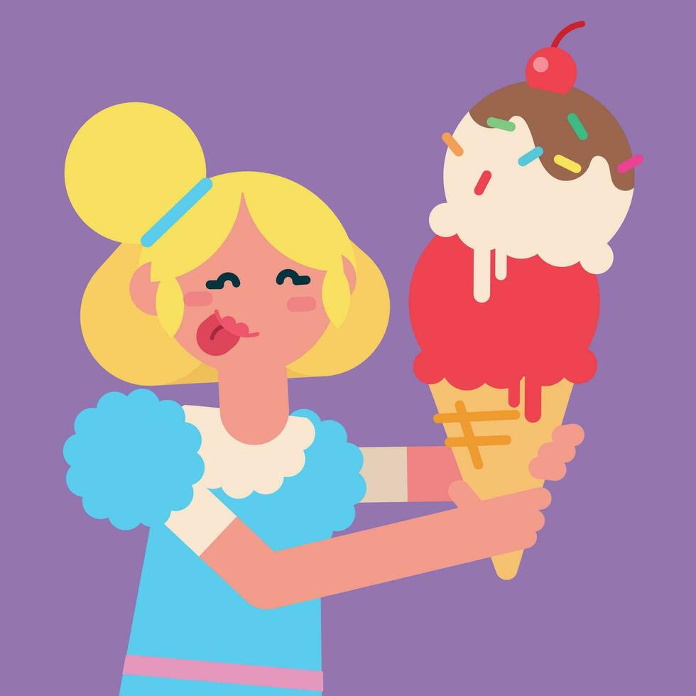 gelukkig prinses slijtage baby blauw jurk aan het eten groot ijs room met rood kers Aan het, soort schattig meisje met blond haar- genieten van aan het eten smakelijk nagerecht, vlak avatar vector illustratie