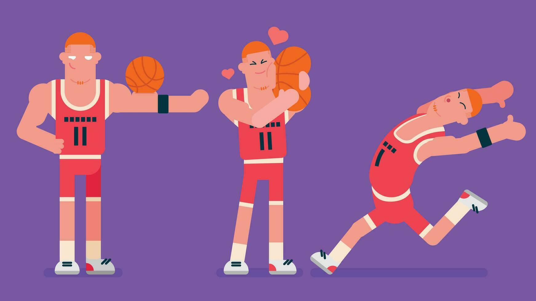 basketbal speler met rood basketbal dragen, rennen weg snel, rood haar- speler liefde zijn bal en geven haar een knuffel, proberen naar indruk maken tonen spieren, vlak avatar vector illustratie