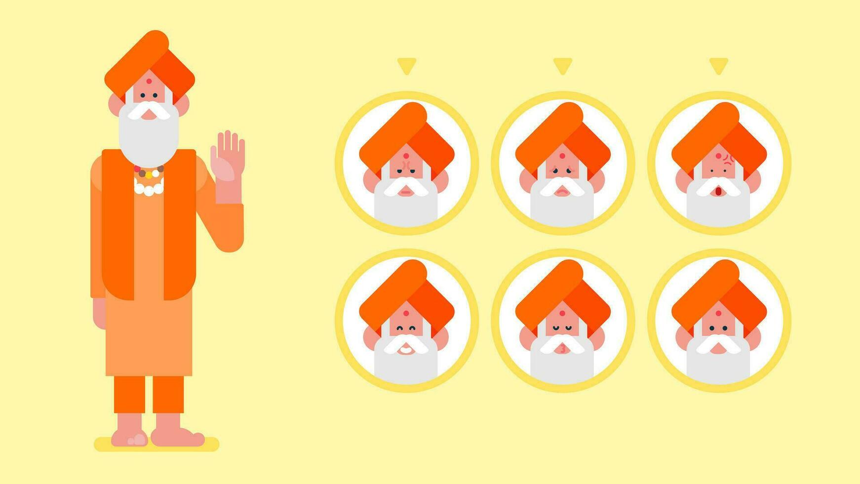 Hindoe monnik met saffraan kleren van hindoeïsme, vlak salie heilige rishi, Indisch heilig monnik sadhu in verschillend emoties, portret van sadhu in Indië, vlak avatar vector