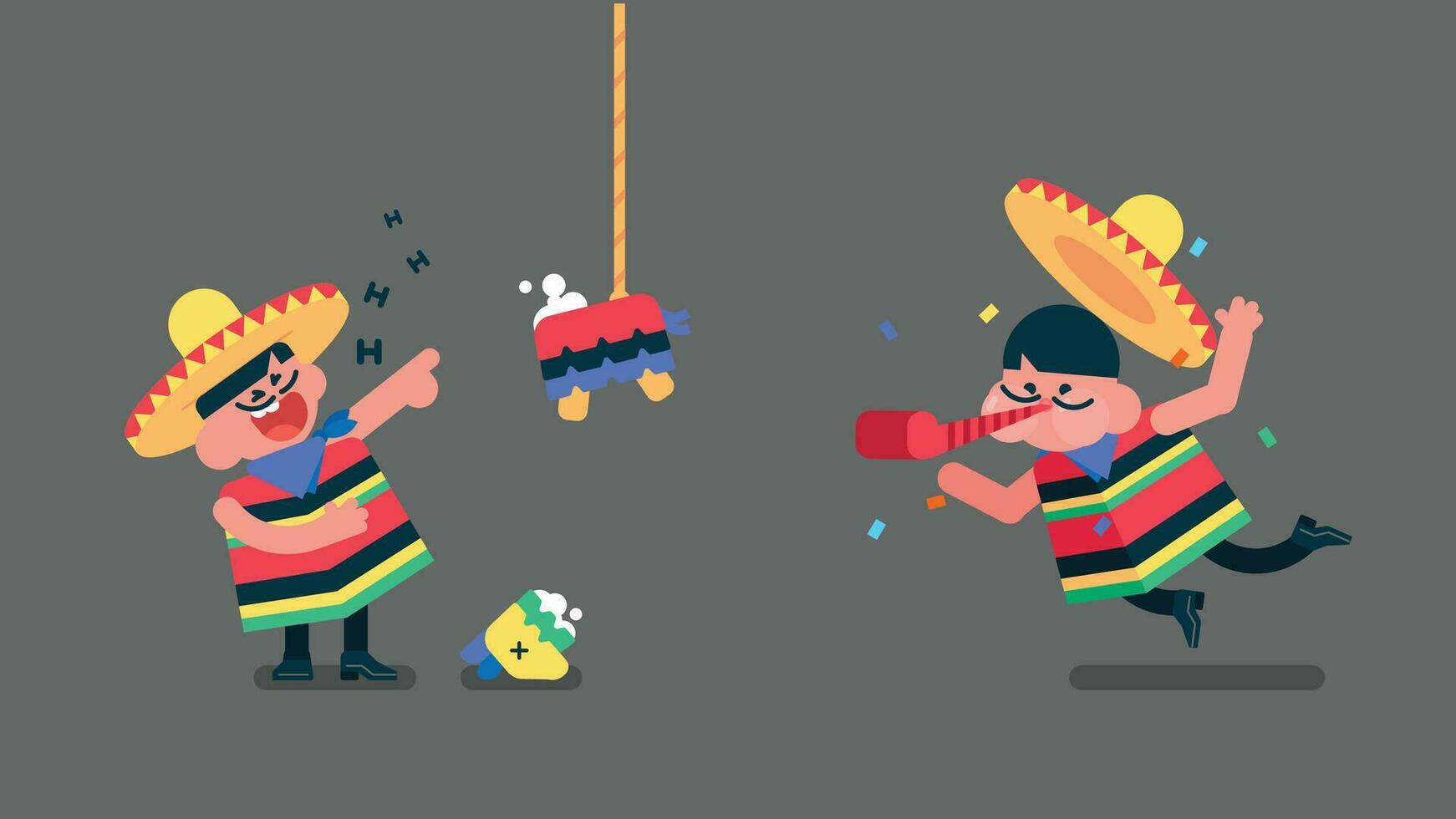 gelukkig Mexicaans musicus lachend Bij de pinata met de verbroken hoofd, soort Mexicaans jongen blazen de fluiten naar vieren, met traditioneel dragen, schattig kind met snor, vlak avatar vector illustratie