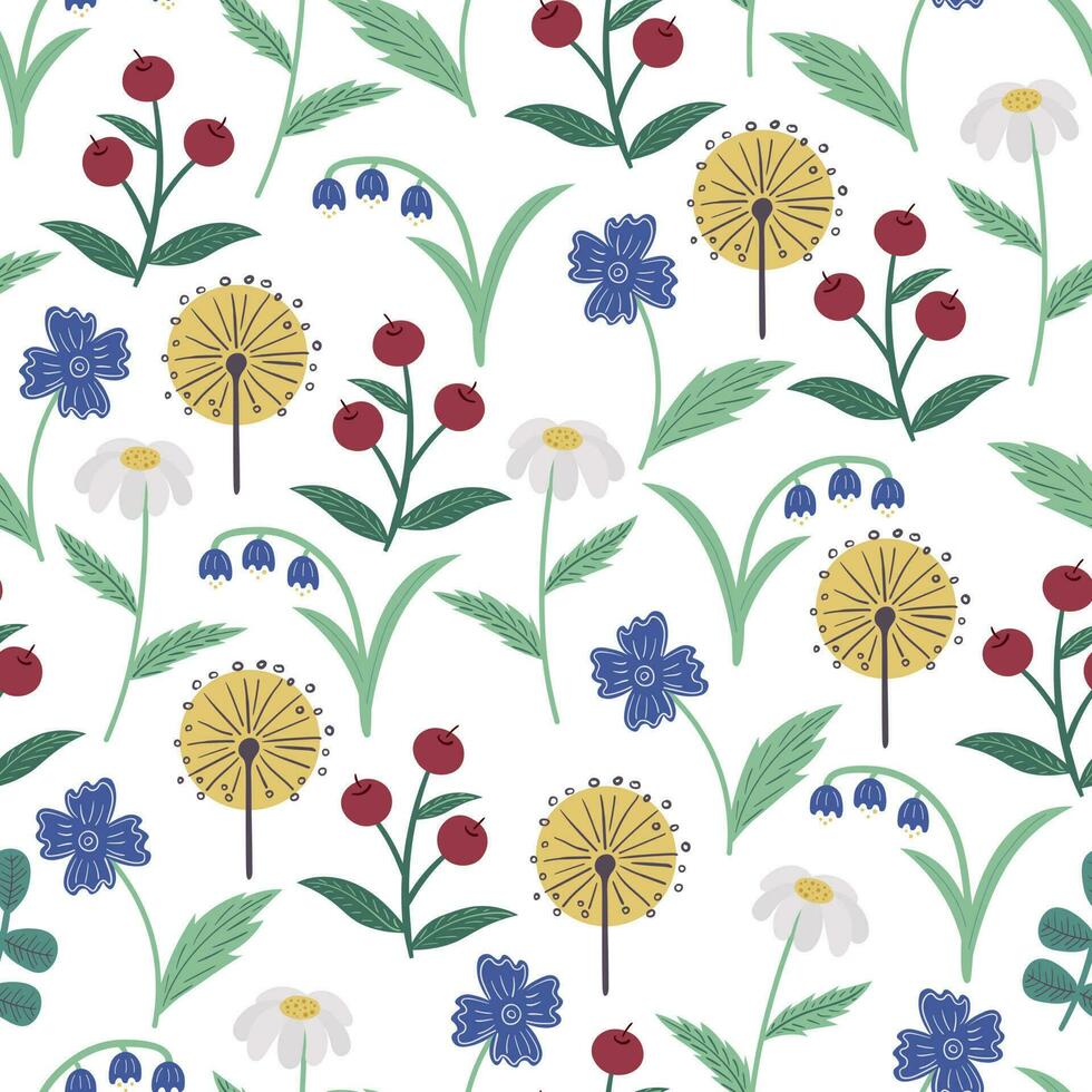 naadloos patroon met decoratief takjes, bloemen, bladeren en bessen. naadloos bloemen patroon. vector