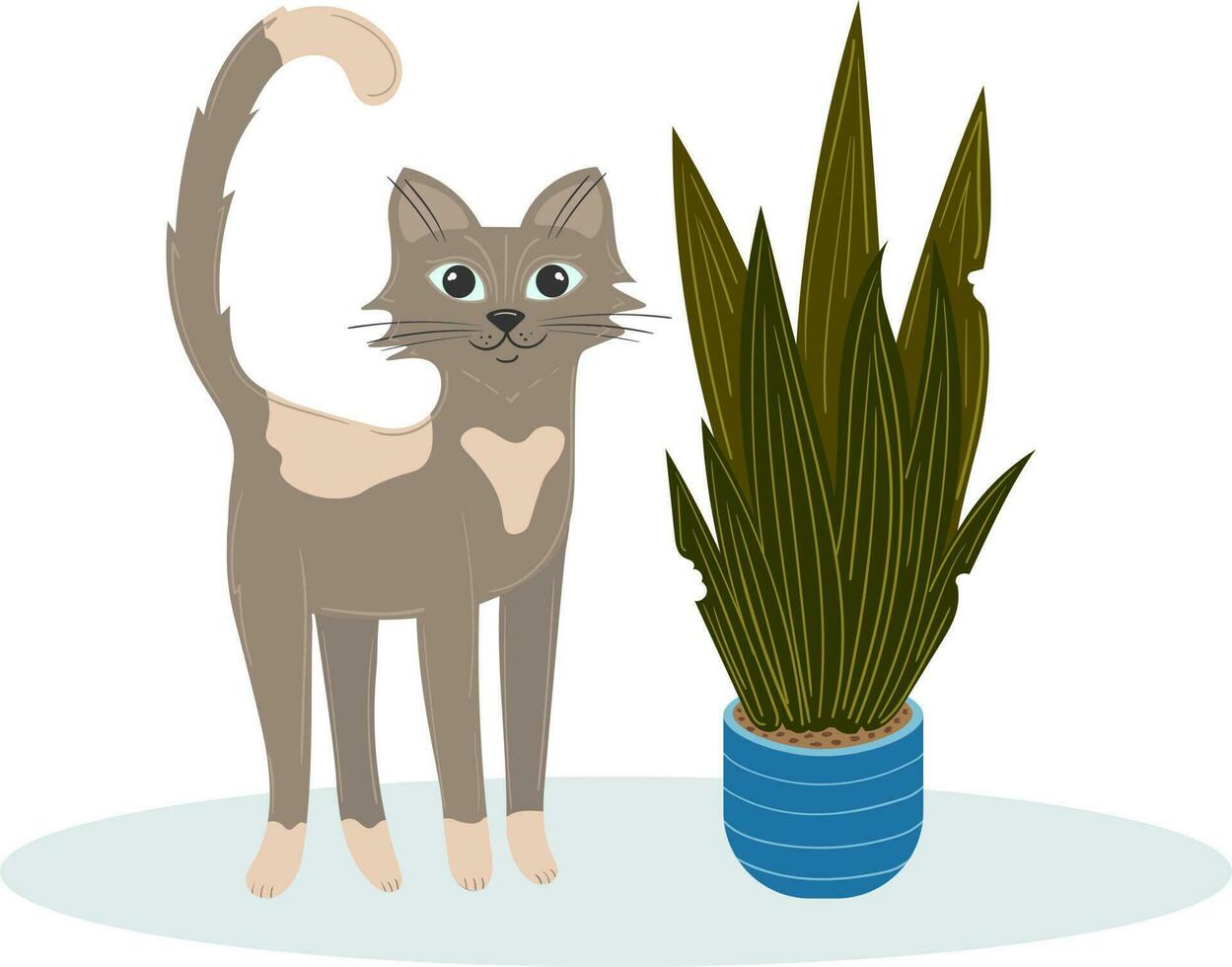 illustratie van een kat en een ingemaakt kamerplant. een kat bijten de bladeren van een ingemaakt fabriek vector