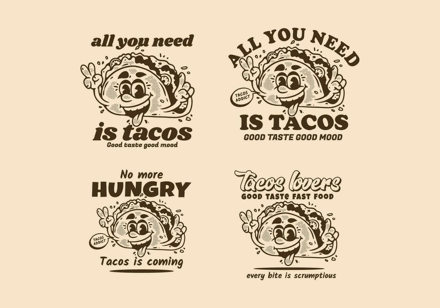 vier stijl van mascotte karakter illustratie van taco's met gelukkig gezicht vector