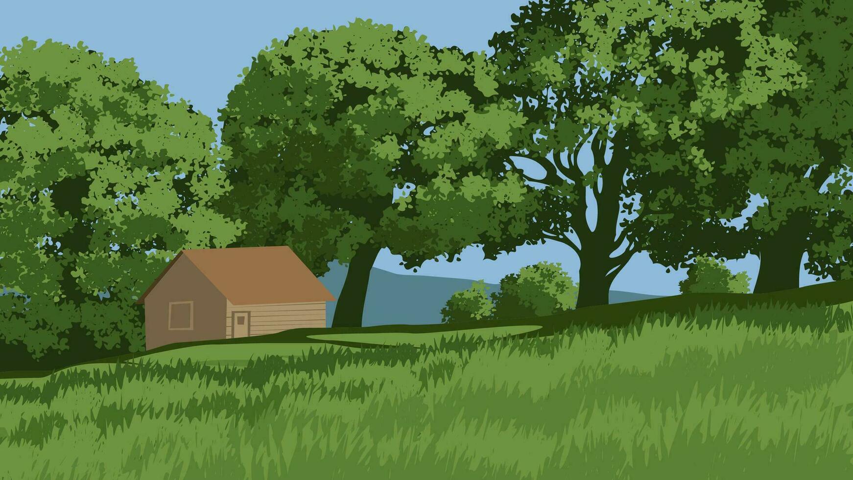 vector platteland landschap illustratie met cabine en bomen