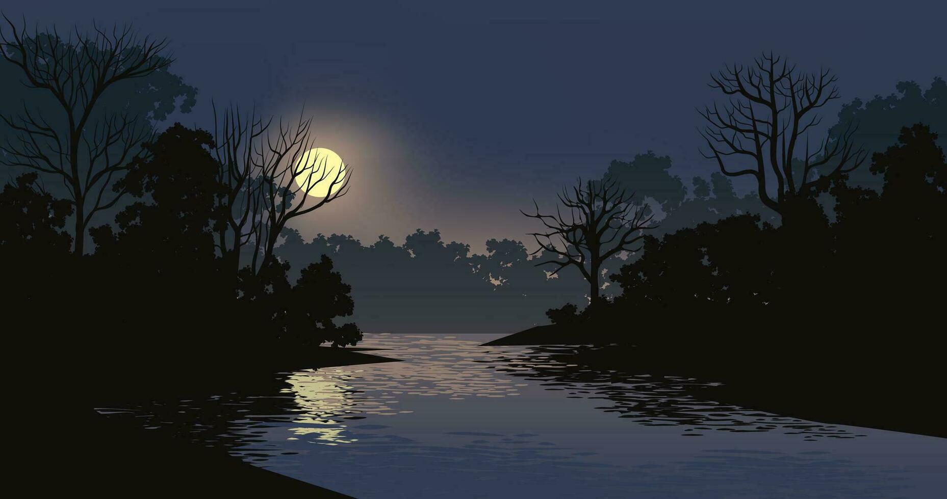 rustig nacht over- Woud rivier- met moonrise vector