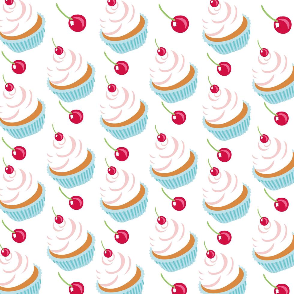 zoete cupcakes met kersendessertpatroon vector