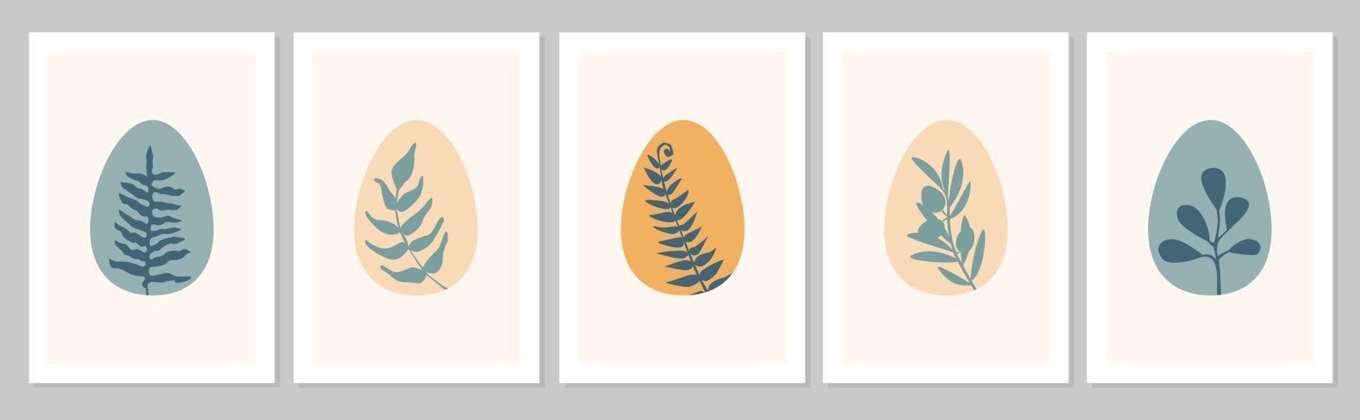 hand getekende Pasen set abstracte boho poster met eieren en tropisch blad, olijfboom, blad geïsoleerd op beige achtergrond. platte vectorillustratie. ontwerp voor patroon, logo, uitnodiging, wenskaart vector