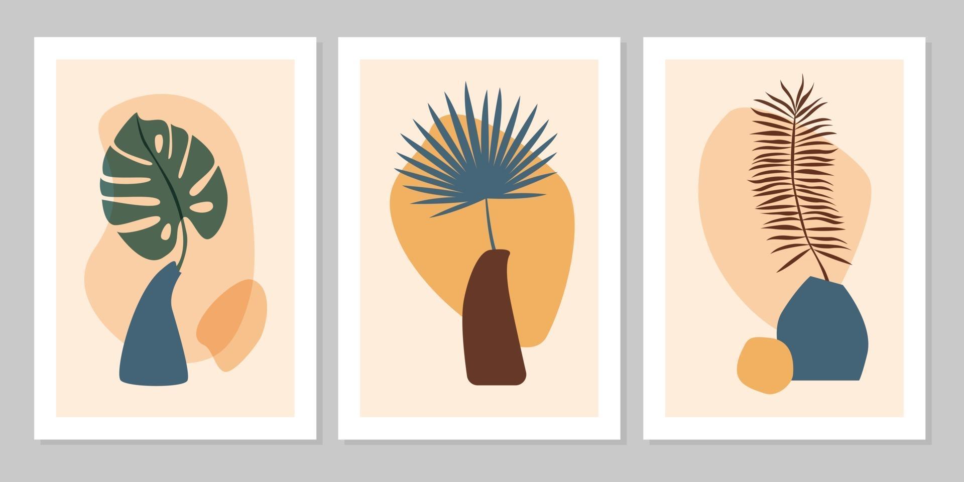 hand getrokken set abstracte boho poster met tropisch blad, kleur vaas en vorm geïsoleerd op beige achtergrond. platte vectorillustratie. ontwerp voor patroon, logo, posters, uitnodiging, wenskaart, vector