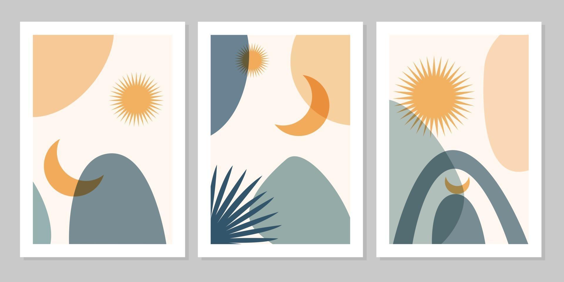 hand getrokken set abstracte boho poster met tropisch blad, zon, maan en vorm geïsoleerd op beige achtergrond. platte vectorillustratie. ontwerp voor patroon, logo, posters, uitnodiging, wenskaart, vector