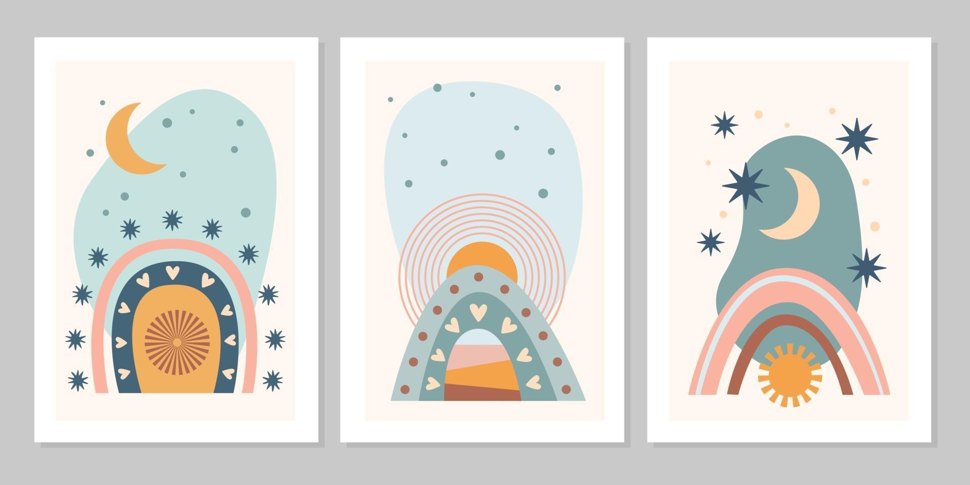 hand getrokken set abstracte boho poster met regenboog, zon, maan, ster, vorm geïsoleerd op beige achtergrond. platte vectorillustratie. ontwerp voor patroon, logo, posters, uitnodiging, wenskaart, vector