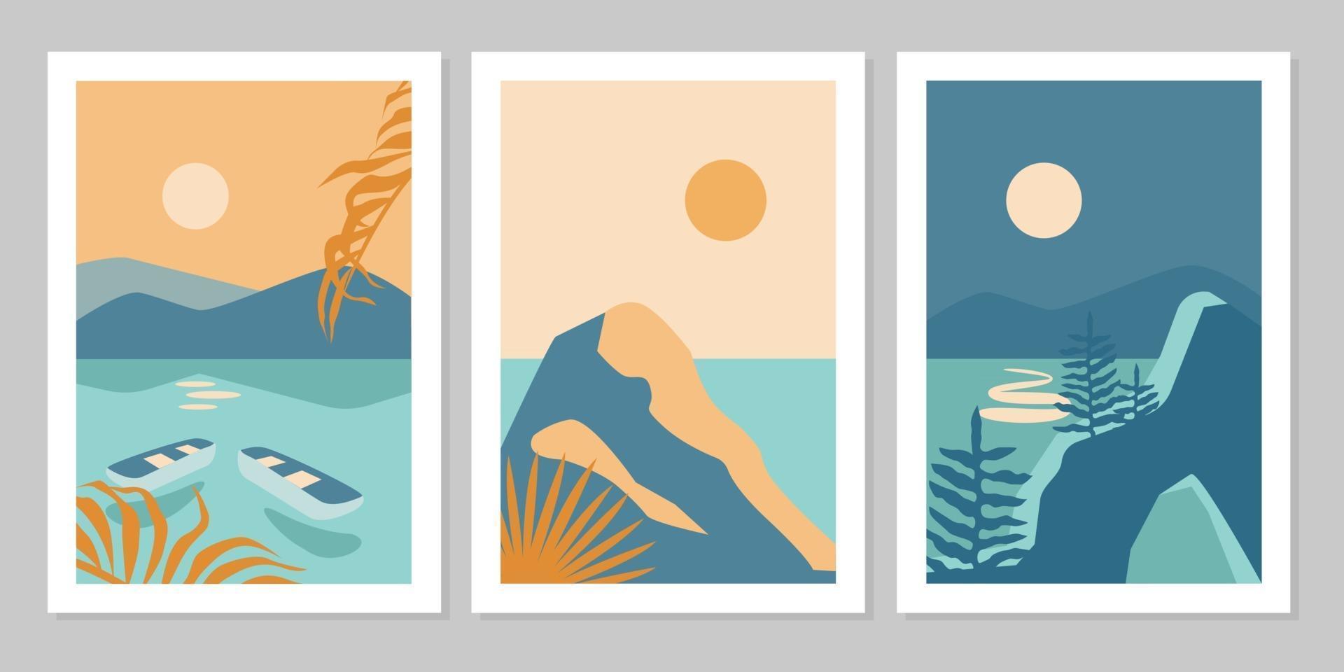 set van abstracte kleurrijke landschap poster met zon, maan, ster, zee, bergen, rivier, palm. platte vectorillustratie. hedendaagse kunstafdruksjablonen, achtergronden voor sociale media. vector