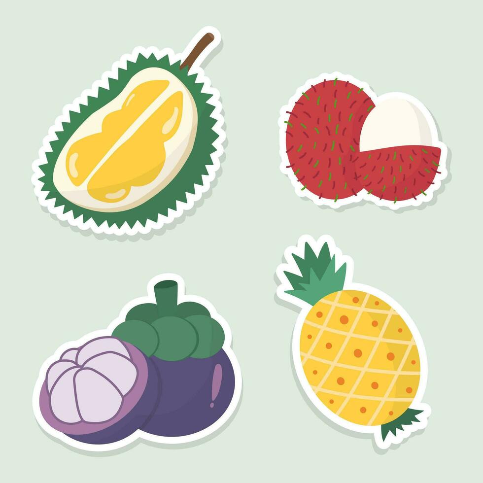 tropisch fruit vector pictogrammen set. reeks van 4 fruit durian ramboetan mangisboom ananas stickers. hand- getrokken vector illustratie.