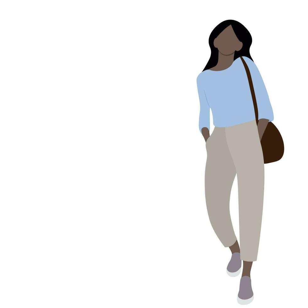 portret van een met een donkere huid meisje in vol groei, handen in zakken, geïsoleerd Aan wit, stedelijk stijl, gezichtsloos illustratie vector