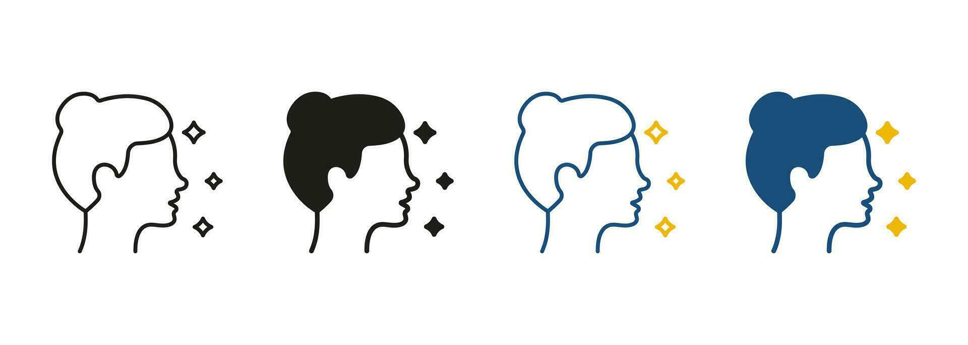 dame met schoonheid gezicht en kapsel pictogram. vrouw profiel met schijnen huid lijn en silhouet icoon set. vrouw gezicht in kant visie zwart en kleur symbool verzameling. geïsoleerd vector illustratie.