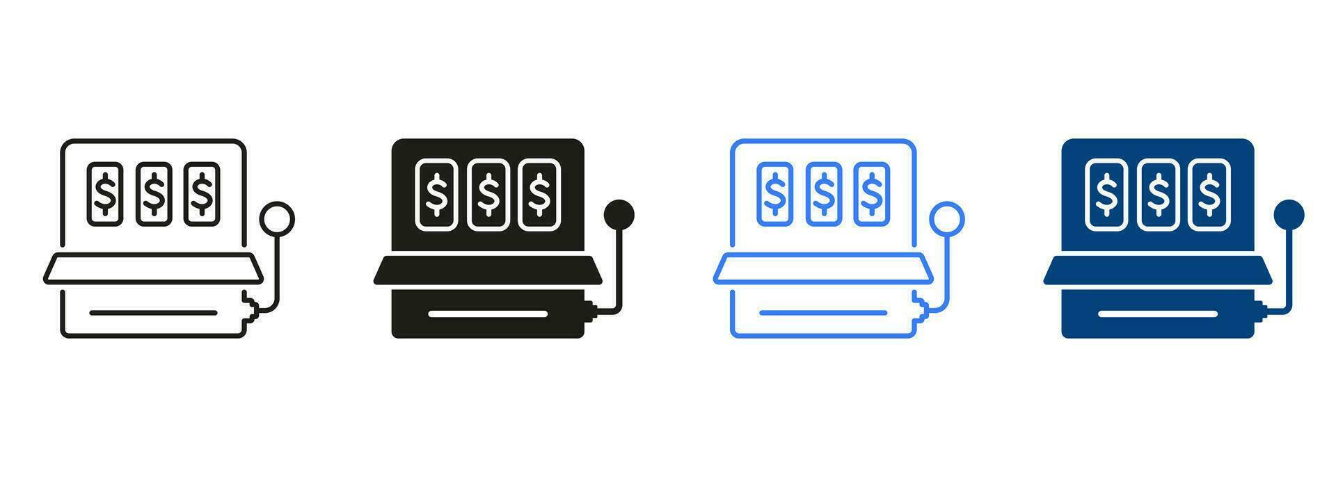 sleuf machine lijn en silhouet icoon set. fruit machine teken. gelukkig, pot casino in las vegas symbool verzameling. gokken, loterij, spel pictogram. geïsoleerd vector illustratie.