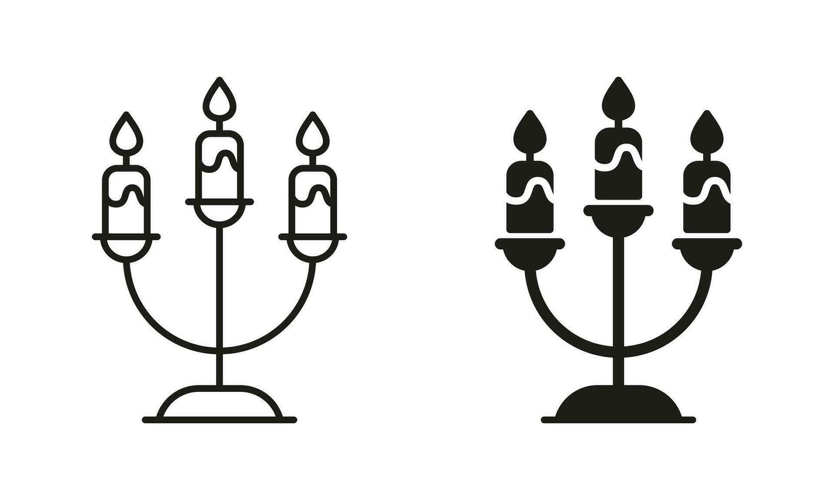 kandelaar met brandend kaarsen lijn en silhouet zwart icoon set. decor voor halloween pictogram. kaars houder met vlam voor geloof, kerstmis, Chanoeka. geïsoleerd vector illustratie.