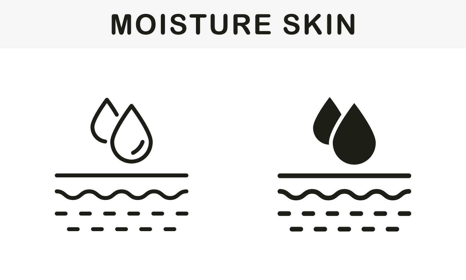 huid vochtigheid concept lijn en silhouet zwart icoon set. hydraterend gezicht en lichaam huid pictogram. huid laag absorberen water druppel, anti droog huidsverzorging symbool verzameling. geïsoleerd vector illustratie.