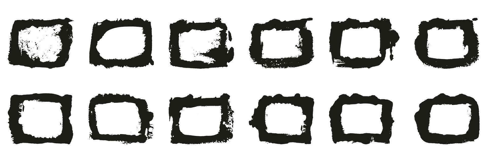 grunge penseelstreek foto kader set. rechthoek kader met abstract grens in plein vorm geven aan. vuil zwart borstel hartinfarct, ruw textuur. abstract grafisch element verzameling. geïsoleerd vector illustratie.
