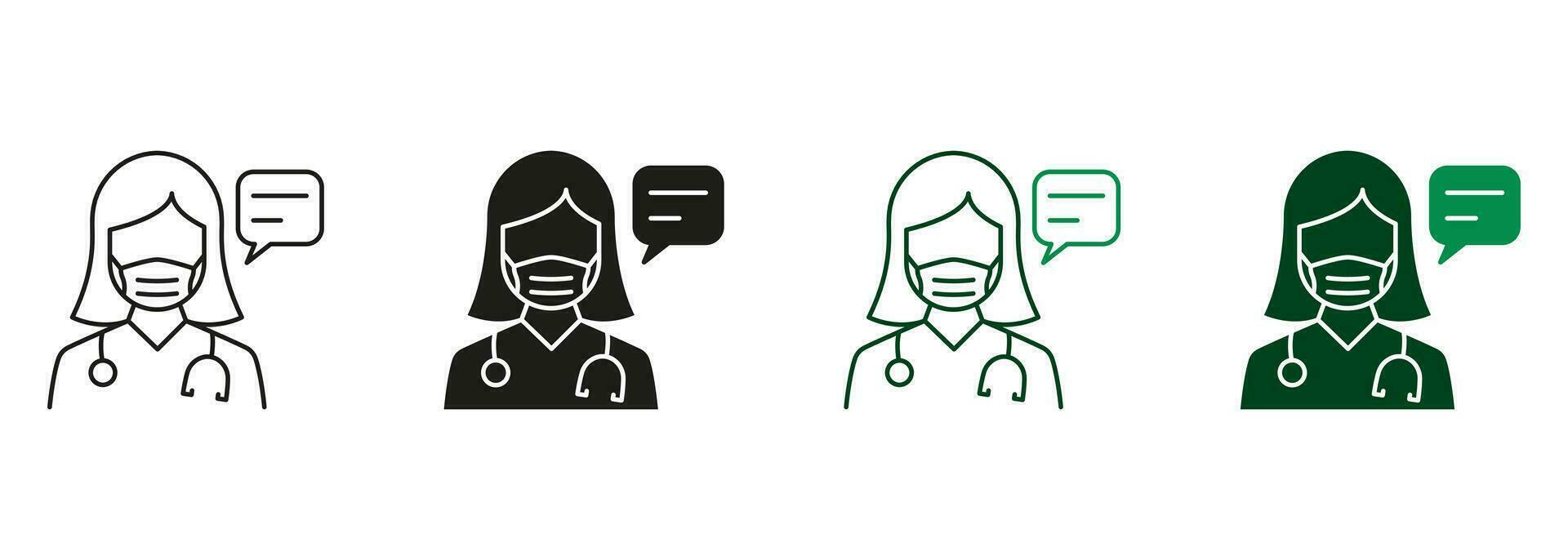 dokter vrouw in masker met toespraak bubbel overleg concept. gezondheidszorg babbelen lijn en silhouet icoon set. medisch symbool verzameling. arts praten pictogram. geïsoleerd vector illustratie.