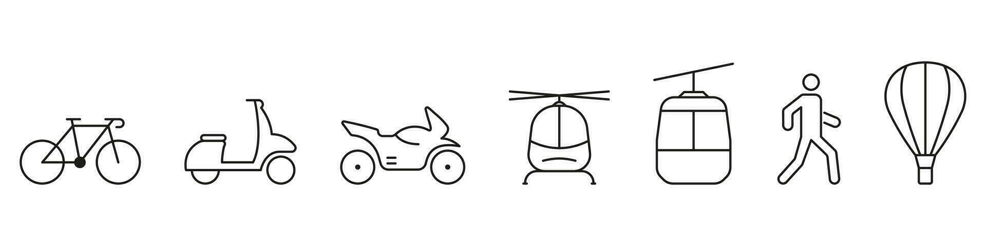 vervoer lijn icoon set. levering onderhoud voertuig lineair pictogram. scooter, kabel auto, helikopter, motorfiets, fiets, bromfiets symbool. verkeer teken. bewerkbare hartinfarct. geïsoleerd vector illustratie.